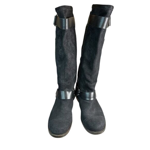 UGG Dree Black Leather Suede Harness Knee Boots Size 7 Round Toe Pull-On Moto - Picture 4 of 10